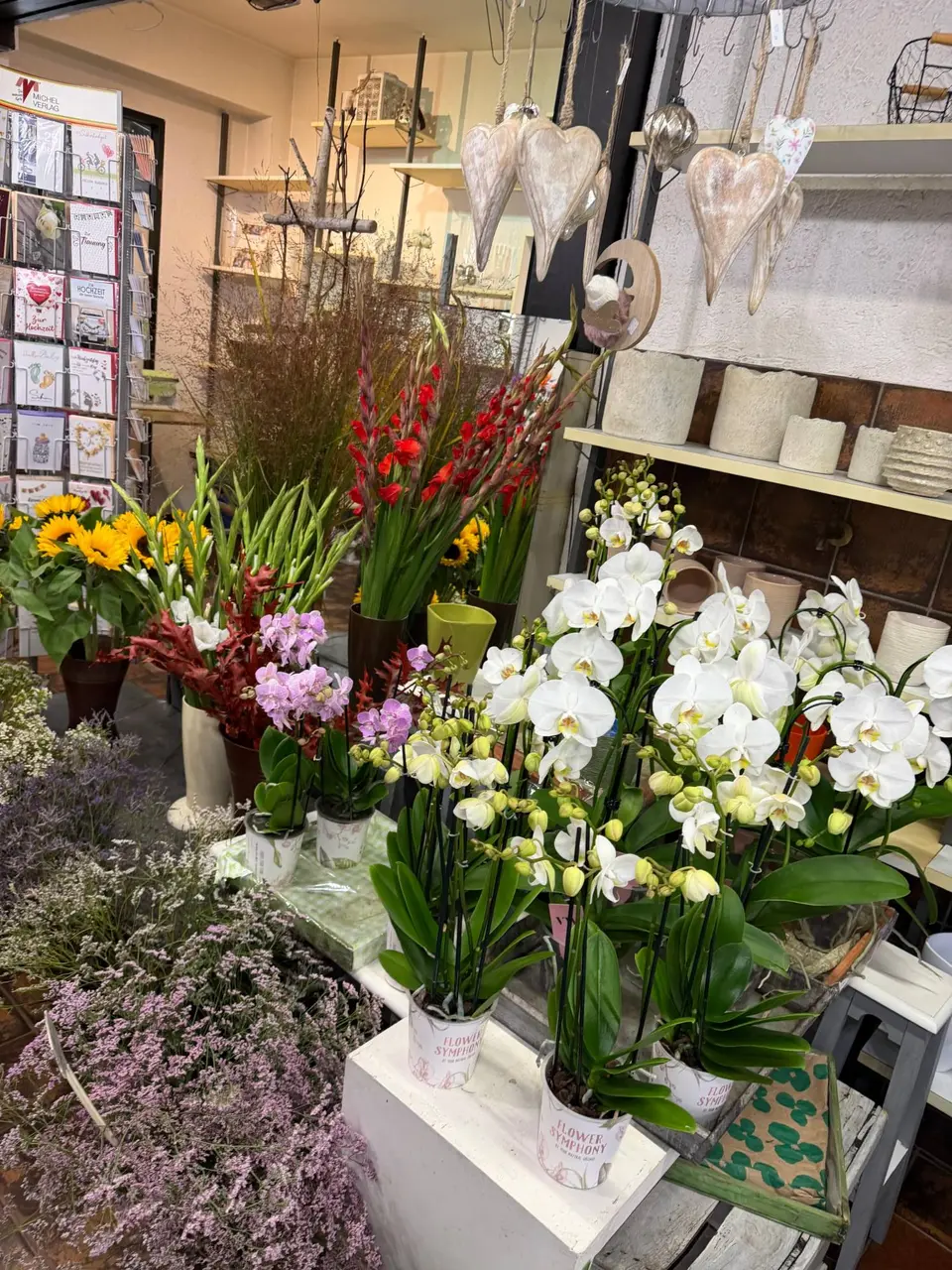 Weiße Phalaenopsis-Orchideen, rote Gladiolen und Sonnenblumen vor Grußkarten und Deko-Herzen